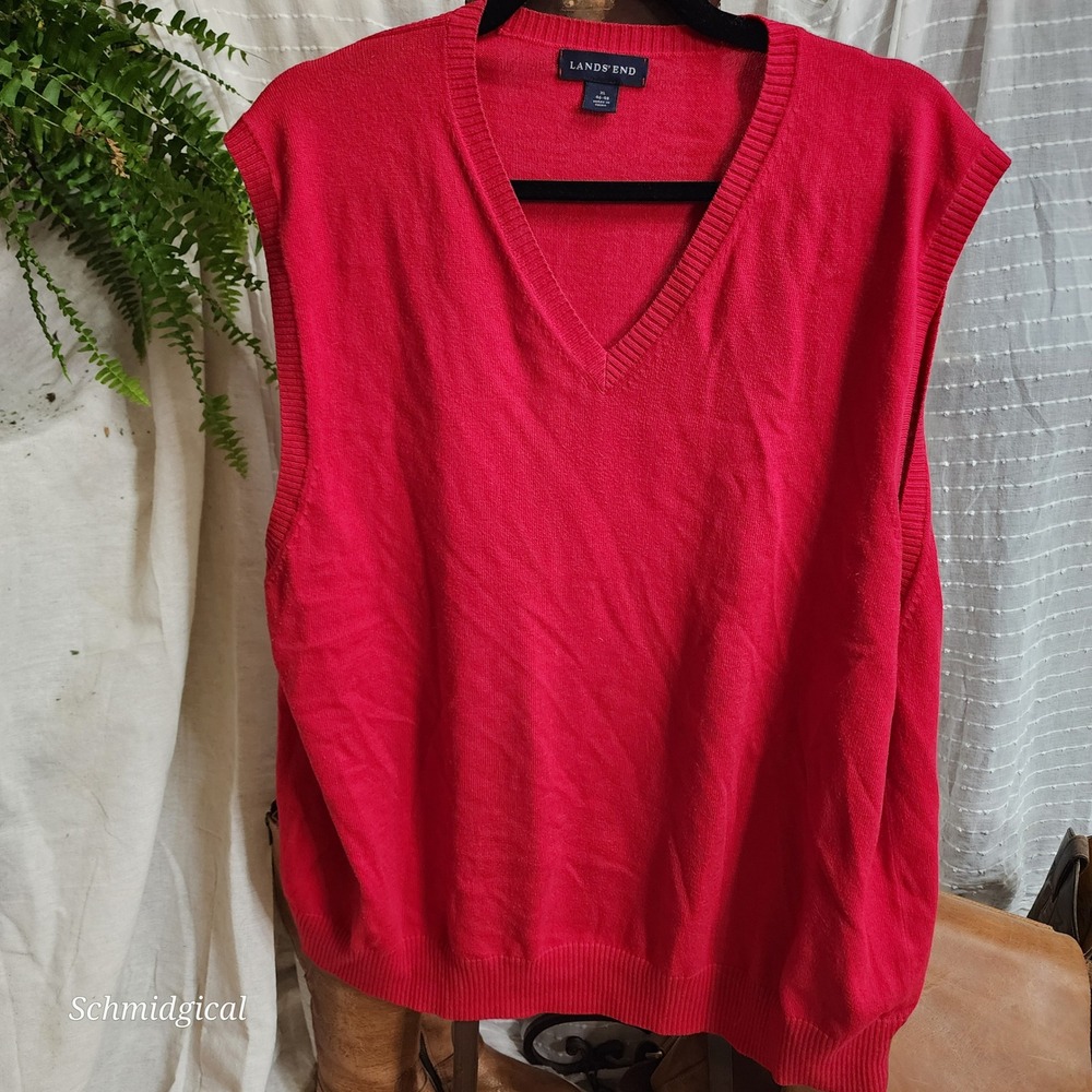 Lands End Mens XL Red Cotton Cashmere Blend V-Neck Sweater Vest 46-48